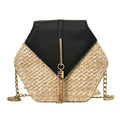 Bolsa Boho Geométrica Palha & Couro – Estilo Natural com Toque Sofisticado