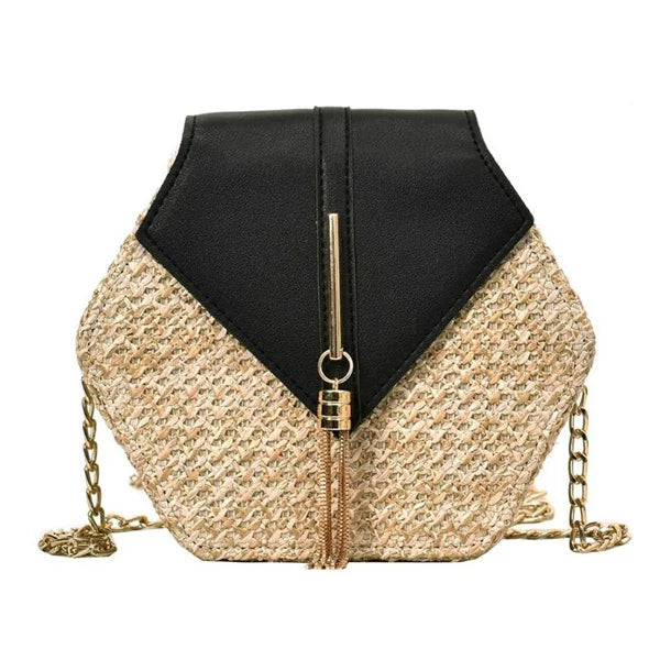 Bolsa Boho Geométrica Palha & Couro – Estilo Natural com Toque Sofisticado