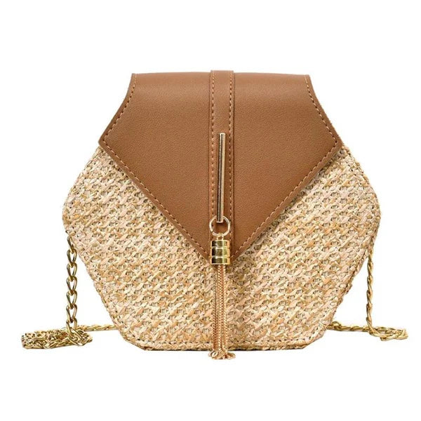 Bolsa Boho Geométrica Palha & Couro – Estilo Natural com Toque Sofisticado