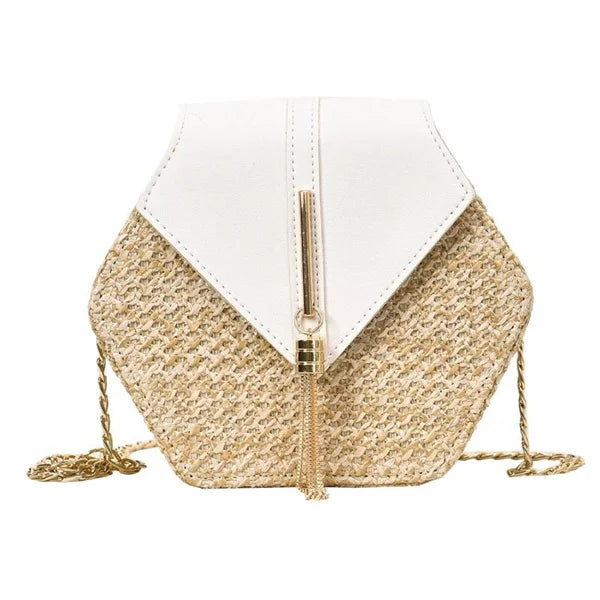 Bolsa Boho Geométrica Palha & Couro – Estilo Natural com Toque Sofisticado