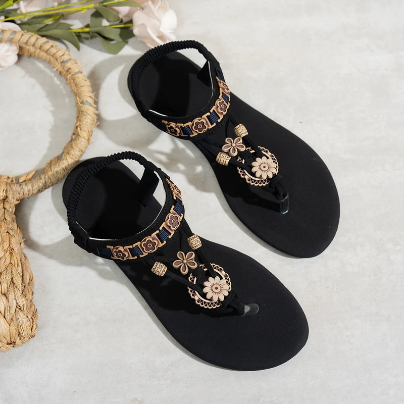 Sandália Boho Elástica Feminina – Bico Redondo & Tira no Dedo | Estilo Casual Verão