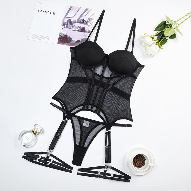 Conjunto Sexy 3 Peças com Cinta-Liga – Lingerie em Tule Transparente com Bojo