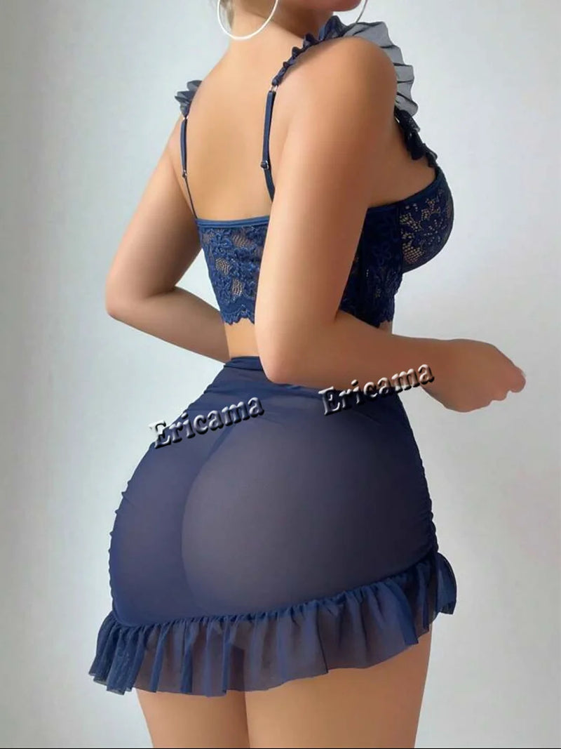 Conjunto Babydoll em Tule com Sutiã Push-Up e Renda – Lingerie Sexy Feminina