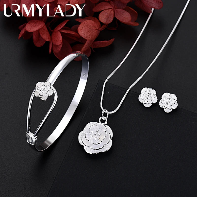Conjunto Feminino Prata 925 - Colar, Pulseira e Brincos Florais