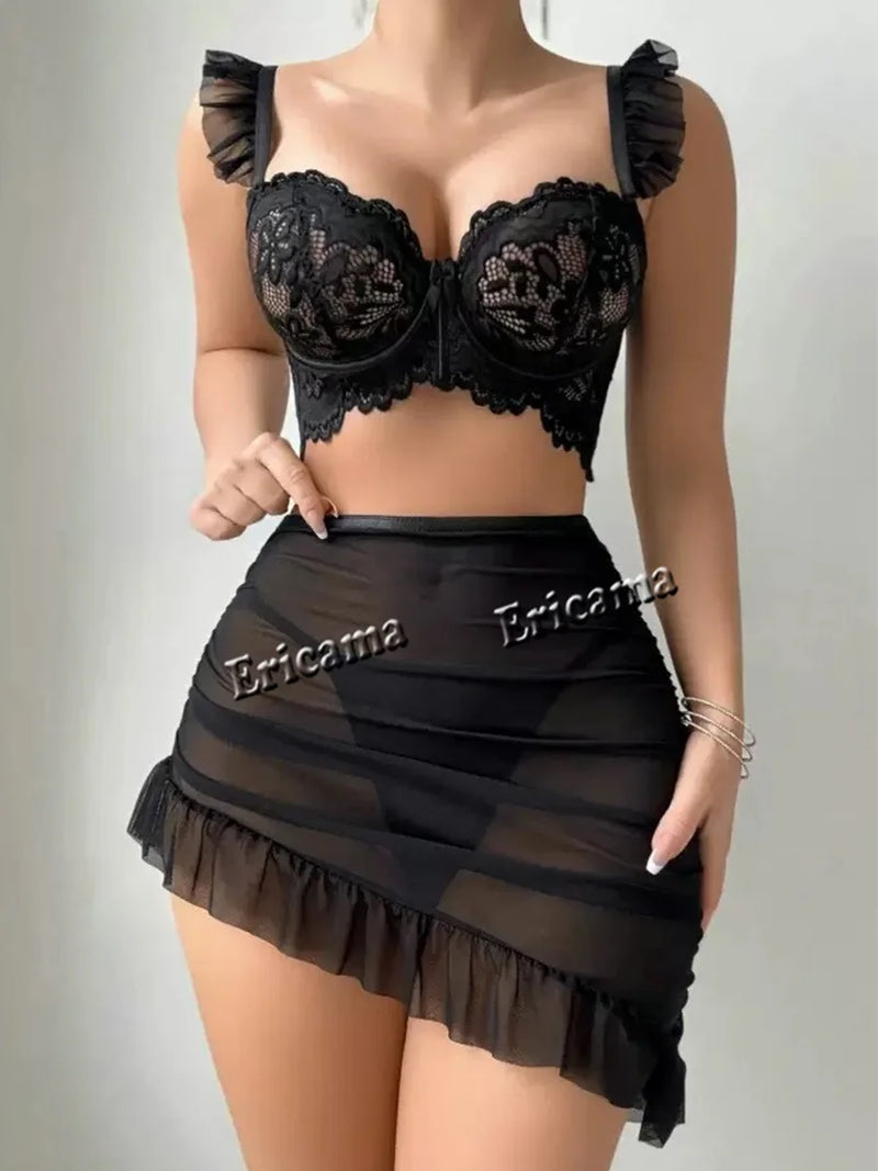 Conjunto Babydoll em Tule com Sutiã Push-Up e Renda – Lingerie Sexy Feminina