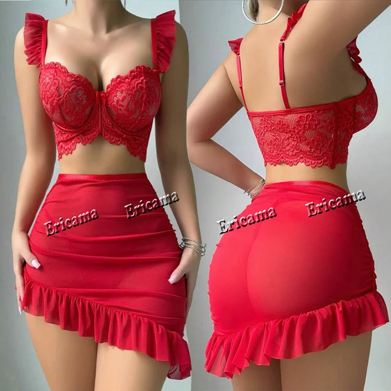 Conjunto Babydoll em Tule com Sutiã Push-Up e Renda – Lingerie Sexy Feminina