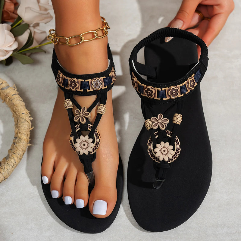 Sandália Boho Elástica Feminina – Bico Redondo & Tira no Dedo | Estilo Casual Verão