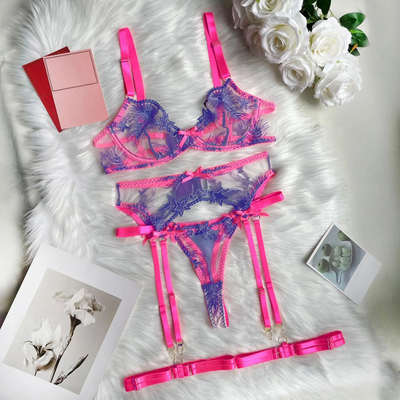 Conjunto Sexy 2 Peças em Tule Transparente com Bordado Floral – Lingerie Feminina com Fecho Frontal