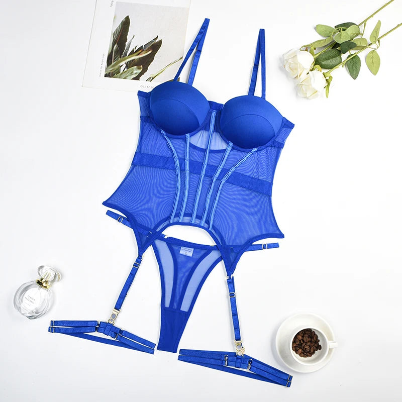 Conjunto Sexy 3 Peças com Cinta-Liga – Lingerie em Tule Transparente com Bojo