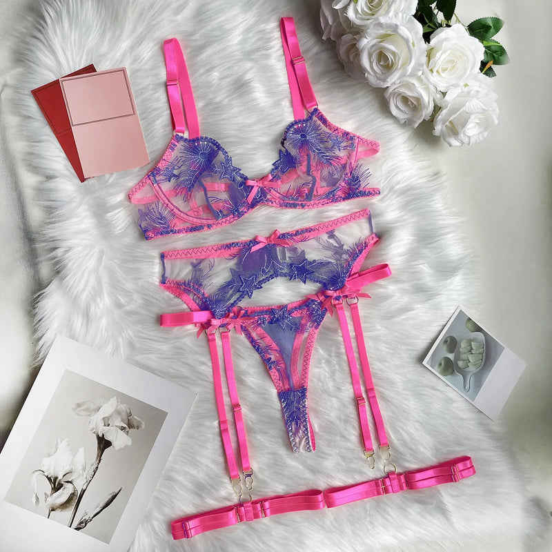 Conjunto Sexy 2 Peças em Tule Transparente com Bordado Floral – Lingerie Feminina com Fecho Frontal