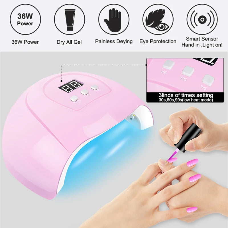 Kit de Unhas em Gel com Lâmpada UV 36W + Broca Elétrica e 10 Esmaltes em Gel
