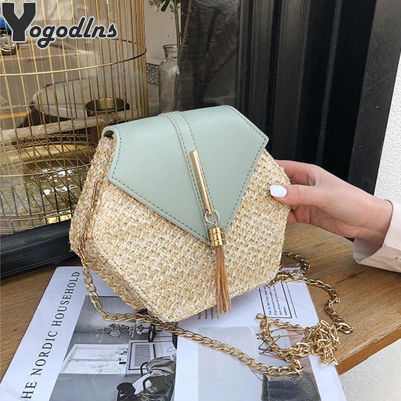 Bolsa Boho Geométrica Palha & Couro – Estilo Natural com Toque Sofisticado