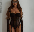Conjunto Sexy 3 Peças com Cinta-Liga – Lingerie em Tule Transparente com Bojo