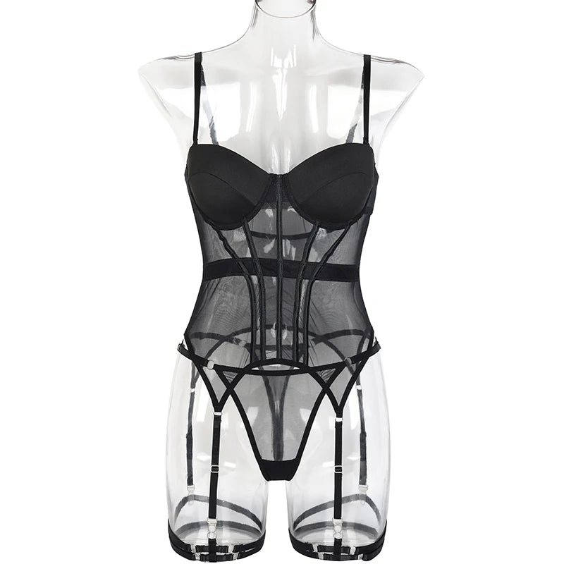 Conjunto Sexy 3 Peças com Cinta-Liga – Lingerie em Tule Transparente com Bojo